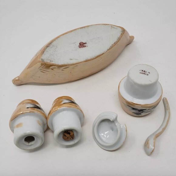 Vintage Condiment Set Salt & Pepper Mustard Jar w/ Spoon Lusterware Japan Boat - Picture 5 of 7